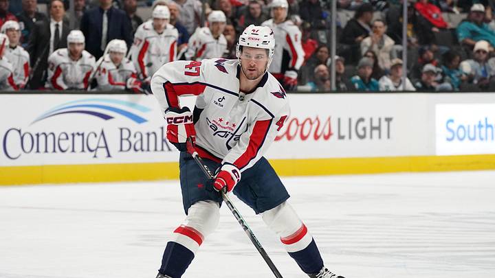 Dec 3, 2025; San Jose, California, USA;  Washington Capitals defenseman Declan Chisholm (47) looks to pass against the San Jose Sharks in the first period at SAP Center at San Jose. Mandatory Credit: David Gonzales-Imagn Images