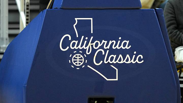 Jul 2, 2022; San Francisco, CA, USA; A view of the California Classic logo on the basket padding before the game between the Sacramento Kings and the Golden State Warriors at the California Summer League at Chase Center. Mandatory Credit: Darren Yamashita-USA TODAY Sports