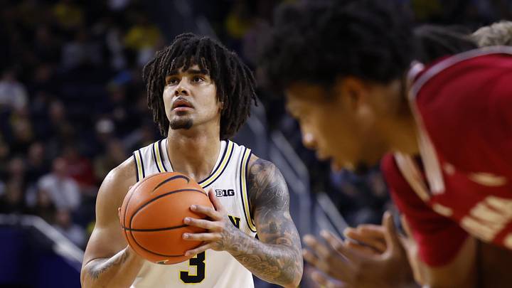 Jan 20, 2026; Ann Arbor, Michigan, USA;  Michigan Wolverines guard Elliot Cadeau (3) takes a free throw in the first half against the Indiana Hoosiers at Crisler Center. Mandatory Credit: Rick Osentoski-Imagn Images