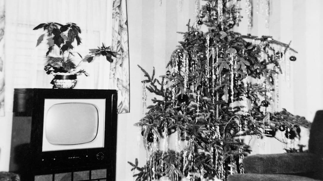 Living room with television and Christmas tree, ca. 1953