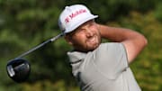 Jun 12, 2025; Oakmont, Pennsylvania, USA; Wyndham Clark plays his shot from the first tee during the first round of the U.S. Open golf tournament. Mandatory Credit: Charles LeClaire-Imagn Images