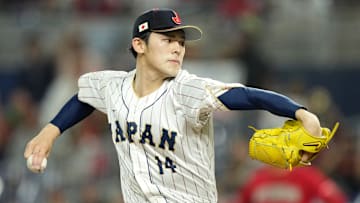 Japanese ace Roki Sasaki pitching in the 2023 World Baseball Classic against Mexico