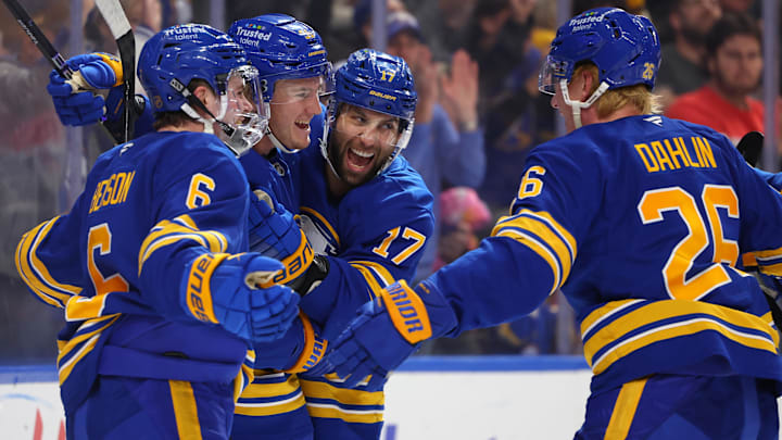 Buffalo Sabres players Zach Benson, Josh Doan, Jason Zucker and Rasmus Dahlin