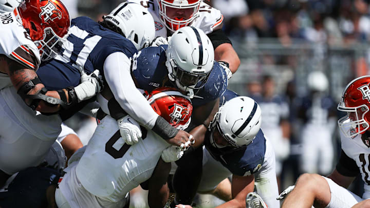 Penn State Nittany Lions defensive tackle Zane Durant (28) tackles Bowling Green Falcons tight end Harold Fannin Jr. (0) during the fourth quarter at Beaver Stadium.