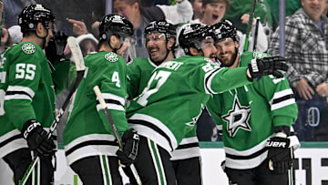 Dec 1, 2024; Dallas, Texas, USA; Dallas Stars defenseman Miro Heiskanen (4) and defenseman Thomas Harley (55) and center Matt Duchene (95) and left wing Mason Marchment (27) and center Tyler Seguin (91) celebrate after Marchment scores the game winning goal against the Winnipeg Jets during the third period at the American Airlines Center. Mandatory Credit: Jerome Miron-Imagn Images