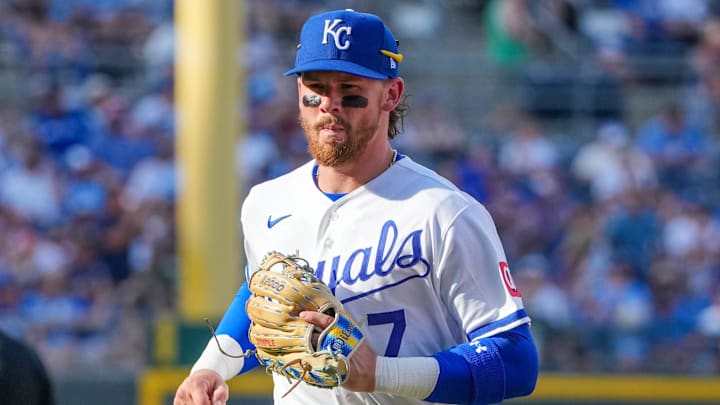 Mar 30, 2026; Kansas City, Missouri, USA; Kansas City Royals shortstop Bobby Witt Jr. (7) returns to the dugout against the Minnesota Twins during the game at Kauffman Stadium. Mandatory Credit: Denny Medley-Imagn Images