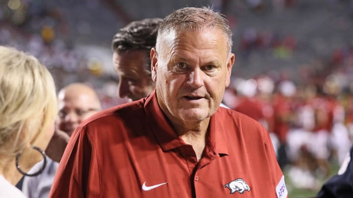 Arkansas Razorbacks coach Sam Pittman after the game against the UAPB Golden Lions at War Memorial Stadium. Arkansas won 70-0.