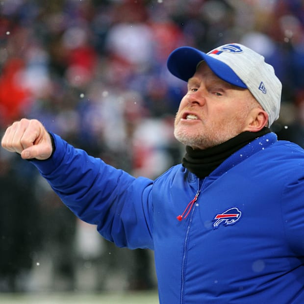 Bills head coach Sean McDermott celebrates a turnover on downs by the defense in 2024.