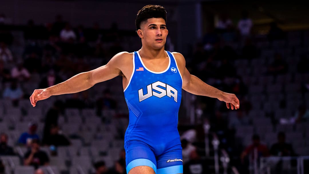 AJ Ferrari gets ready before his match at 97 kg during the first session of the USA Wrestling Olympic Team Trials, Friday, April 2, 2021, at Dickies Arena in Fort Worth, Texas
