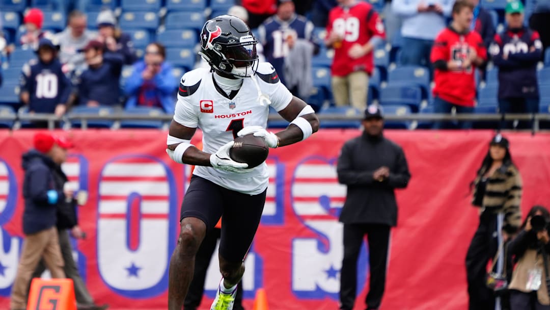 Oct 13, 2024; Foxborough, Massachusetts, USA; Houston Texans wide receiver Stefon Diggs (1) prior to the game against the New England Patriots at Gillette Stadium. Mandatory Credit: Gregory Fisher-Imagn Images