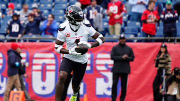 Oct 13, 2024; Foxborough, Massachusetts, USA; Houston Texans wide receiver Stefon Diggs (1) prior to the game against the New England Patriots at Gillette Stadium. Mandatory Credit: Gregory Fisher-Imagn Images