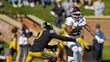 Oct 16, 2021; Columbia, Missouri, USA; Texas A&M Aggies wide receiver Jacob Groff (26) runs against Missouri Tigers defensive back Jaylon Carlies (1) during the second half at Faurot Field at Memorial Stadium. Mandatory Credit: Jay Biggerstaff-USA TODAY Sports