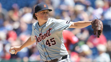 May 8, 2024; Cleveland, Ohio, USA; Detroit Tigers starting pitcher Reese Olson (45) throws a pitch against the Cleveland Guardians. 