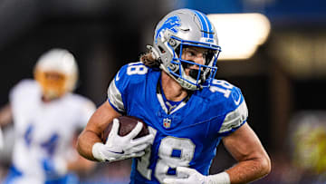 Detroit Lions wide receiver Isaac TeSlaa makes a catch against the LA Chargers during the first half of the Hall of Fame Game at Tom Benson Hall of Fame Stadium in Canton, Ohio on Thursday, July 31, 2025.
