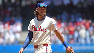 Jul 6, 2025; Philadelphia, Pennsylvania, USA; Philadelphia Phillies third base Alec Bohm (28) against the Cincinnati Reds at Citizens Bank Park.