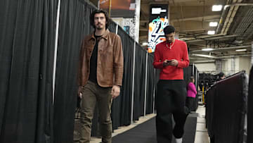 Feb 1, 2025; San Antonio, Texas, USA; Miami Heat forward Jaime Jaquez Jr. (11) and center Kel'el Ware (7) enters Frost Bank Center before a game against the San Antonio Spurs. Mandatory Credit: Scott Wachter-Imagn Images
