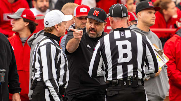 Nebraska Cornhuskers head coach Matt Rhule talks with officials during the second quarter 
