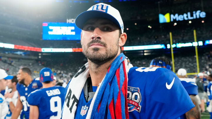 New York Giants quarterback Daniel Jones (8) is shown at MetLife Stadium after the game, Thursday, August 8 2024, in East Rutherford.