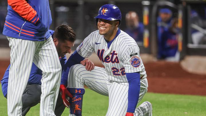 May 13, 2026; New York City, New York, USA;  New York Mets designated hitter Juan Soto (22) reacts after fouling a ball off of his foot in the third inning against the Detroit Tigers at Citi Field. Mandatory Credit: Wendell Cruz-Imagn Images