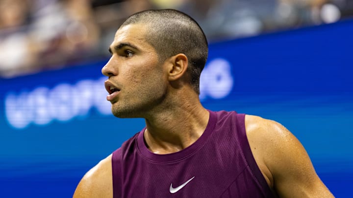 Carlos Alcaraz in action against Reilly Opelka in the first round of the men’s singles at the US Open 