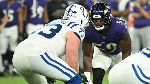 ; Baltimore Ravens linebacker Malik Hamm (59) lines up against Indianapolis Colts offensive tackle Blake Freeland (73).