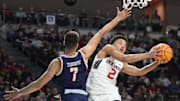 St. Mary's Gaels guard Jordan Ross (2) shoots the basketball against Pepperdine Waves forward Stefan Todorovic (7) during the second half in the semifinal of the West Coast Conference tournament at Orleans Arena.