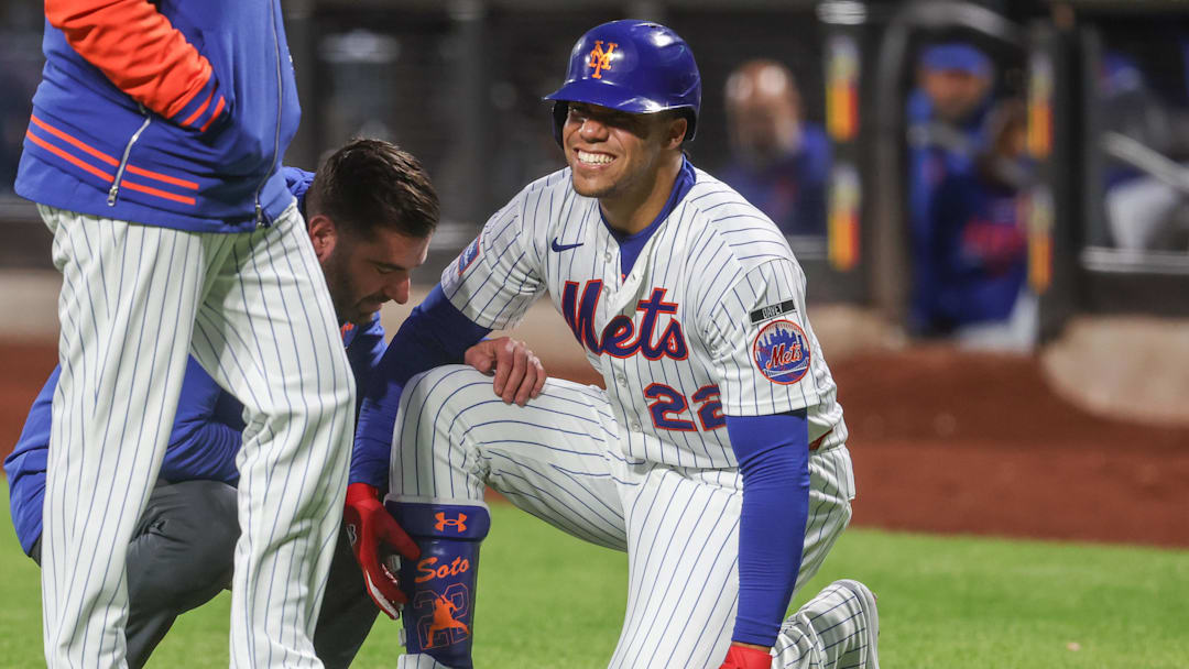 New York Mets designated hitter Juan Soto (22) reacts after fouling a ball off of his foot in the third inning against the Detroit Tigers at Citi Field. Mandatory Credit: Wendell Cruz-Imagn Images