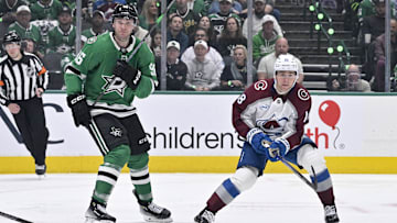 Apr 21, 2025; Dallas, Texas, USA; Dallas Stars right wing Mikko Rantanen (96) and Colorado Avalanche center Jack Drury (18) in action during the game between the Dallas Stars and the Colorado Avalanche in game two of the first round of the 2025 Stanley Cup Playoffs at American Airlines Center. Mandatory Credit: Jerome Miron-Imagn Images