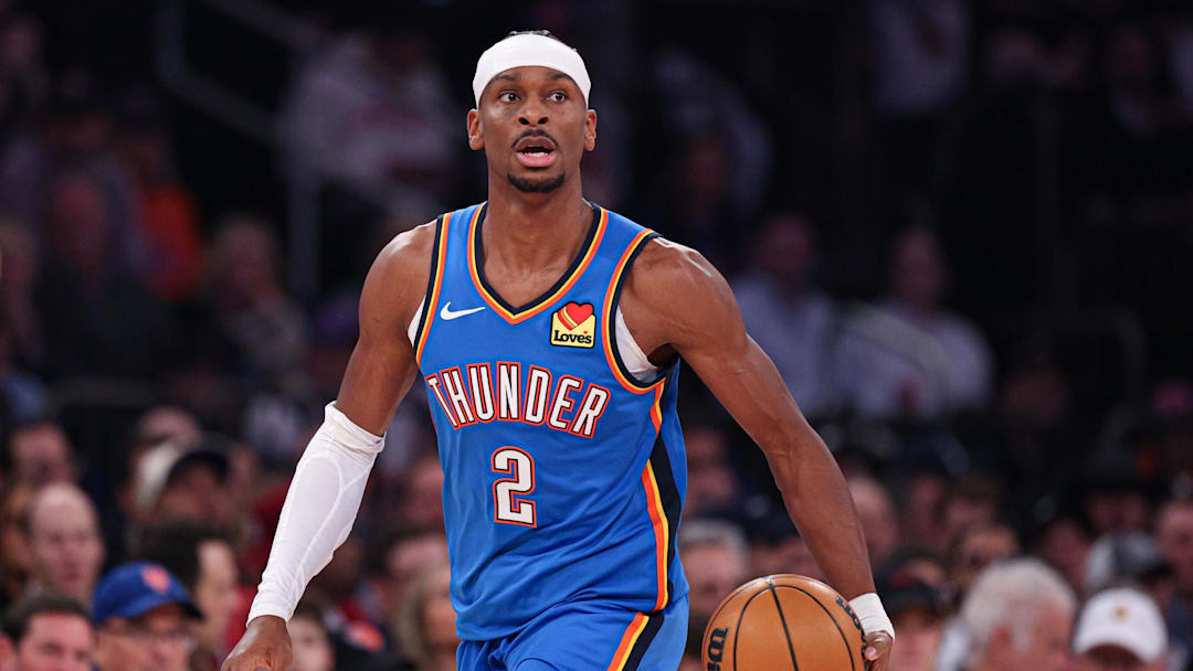 Mar 4, 2026; New York, New York, USA; Oklahoma City Thunder guard Shai Gilgeous-Alexander (2) dribbles up court against the New York Knicks during the first half at Madison Square Garden. Mandatory Credit: Vincent Carchietta-Imagn Images