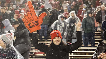 Nov 2, 2024; Ames, Iowa, USA;  Texas Tech Red Raiders fans celebrate after beating the Iowa State Cyclones at Jack Trice Stadium. The Red Raiders won 23-22.  Mandatory Credit: Reese Strickland-Imagn Images