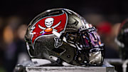 Oct 13, 2024; New Orleans, Louisiana, USA;  Detailed view of the Tampa Bay Buccaneers helmet against the New Orleans Saints during the first half at Caesars Superdome. Mandatory Credit: Stephen Lew-Imagn Images