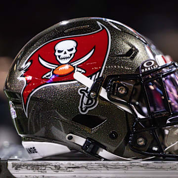 Detailed view of the Tampa Bay Buccaneers helmet against the New Orleans Saints.