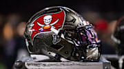 Detailed view of the Tampa Bay Buccaneers helmet against the New Orleans Saints.