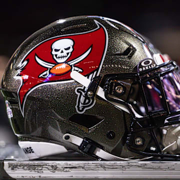 Detailed view of the Tampa Bay Buccaneers helmet against the New Orleans Saints.