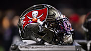Detailed view of the Tampa Bay Buccaneers helmet against the New Orleans Saints.