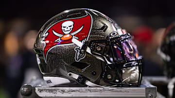 Detailed view of the Tampa Bay Buccaneers helmet against the New Orleans Saints.