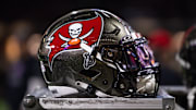 Detailed view of the Tampa Bay Buccaneers helmet against the New Orleans Saints.