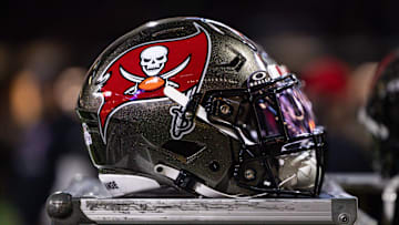 Detailed view of the Tampa Bay Buccaneers helmet against the New Orleans Saints.