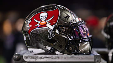 Detailed view of the Tampa Bay Buccaneers helmet against the New Orleans Saints during the first half at Caesars Superdome. Mandatory Credit: Stephen Lew-Imagn Images