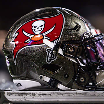 Detailed view of the Tampa Bay Buccaneers helmet against the New Orleans Saints.