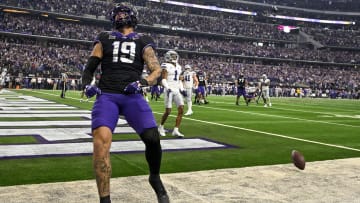 Dec 3, 2022; Arlington, TX, USA; TCU Horned Frogs tight end Jared Wiley (19) celebrates making a two