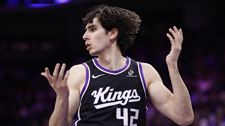 Mar 11, 2026; Sacramento, California, USA; Sacramento Kings center Maxime Raynaud (42) questions a call against the Charlotte Hornets during the fourth quarter at Golden 1 Center. Mandatory Credit: Kelley L Cox-Imagn Images