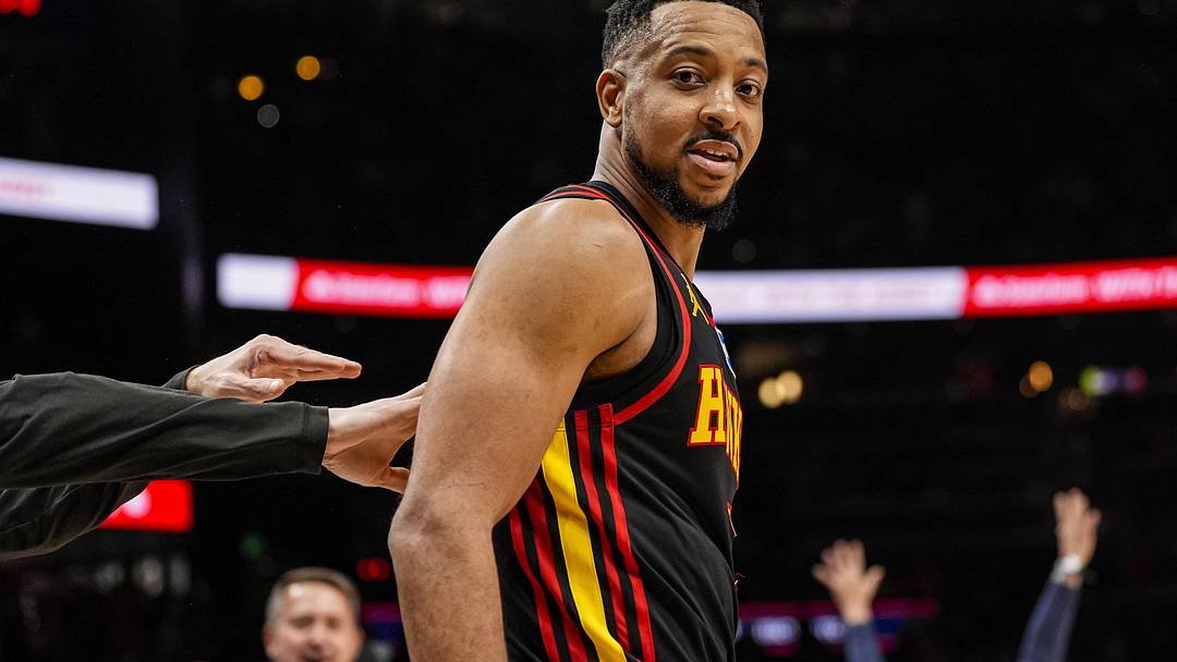 Apr 6, 2026; Atlanta, Georgia, USA; Atlanta Hawks guard CJ McCollum (3) reacts after making a shot from beyond half court that would have tied the game but was ruled after time expired against the New York Knicks during the second half at State Farm Arena. Mandatory Credit: Dale Zanine-Imagn Images
