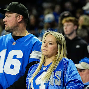Detroit Lions fans react after the 45-31 loss to the Washington Commanders in the NFC divisional round 