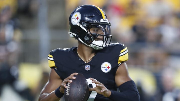 Aug 17, 2024; Pittsburgh, Pennsylvania, USA;  Pittsburgh Steelers quarterback Justin Fields (2) looks to pass against the Buffalo Bills during the second quarter at Acrisure Stadium. 