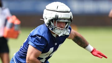 Jul 23, 2025; East Rutherford, NJ, USA; New York Giants running back Cam Skattebo (44) participates in drills during training camp at Quest Diagnostics Training Center. Mandatory Credit: Vincent Carchietta-Imagn Images
