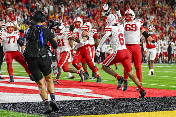 Nebraska Cornhuskers wide receiver wide receiver Dane Key (6) celebrates with teammates 