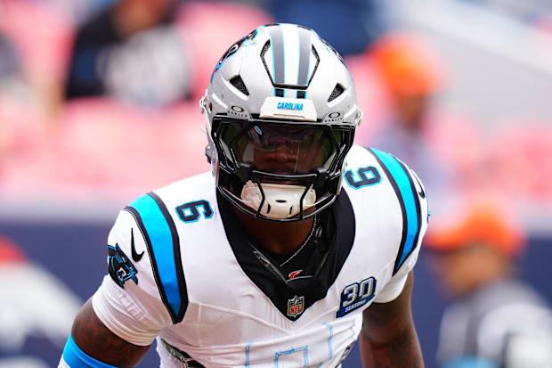 Carolina Panthers running back Miles Sanders before the game against the Denver Broncos.