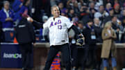 Oct 17, 2024; New York City, New York, USA; Former New York Mets Edgardo Alfonzo throws out the ceremonial first pitch before game four of the NLCS for the 2024 MLB playoffs at Citi Field. Mandatory Credit: Brad Penner-Imagn Images