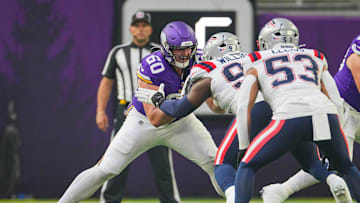 Aug 16, 2025; Minneapolis, Minnesota, USA; Minnesota Vikings guard Joe Huber (60) blocks New England Patriots defensive end Milton Williams (97) in the first quarter at U.S. Bank Stadium. Mandatory Credit: Brad Rempel-Imagn Images